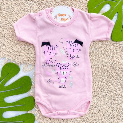 Kit 3 Peças - Bodys Manga Curta Oncinhas - Rosa, Rose e Off White